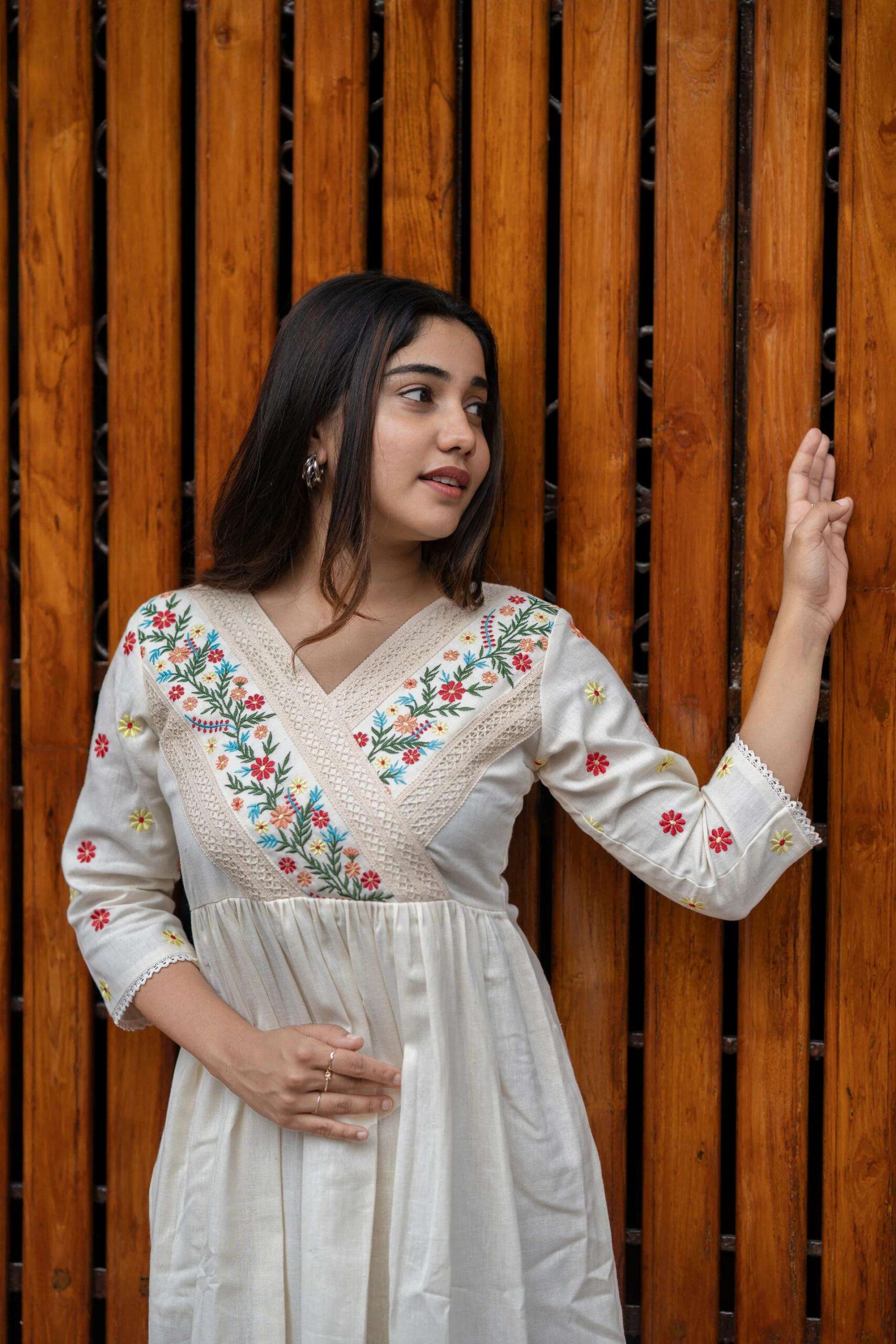 Women's Cotton Embroidered Short Anarkali Gown (Off White) - Image 2