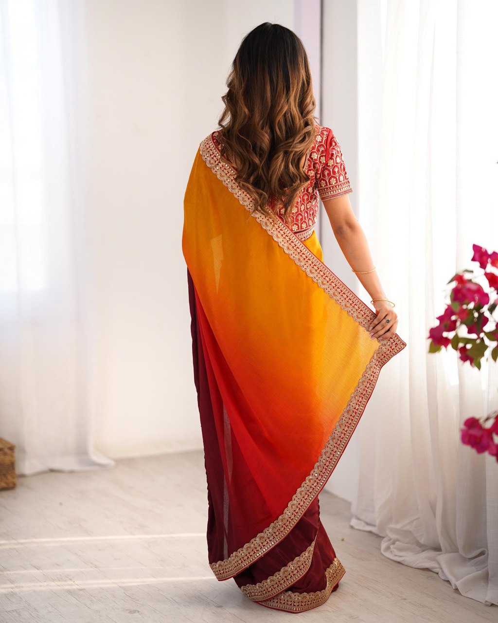 Women's Elegant Ombre Green Georgette Saree with Intricate Golden Zari & Stone Embellishments – Complete with Heavily Worked Blouse for Festive & Wedding Wear - Image 7